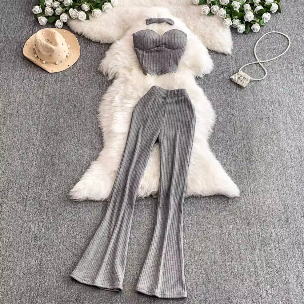 Sleeveless Knitted Vest & Flared Trousers 2Pcs