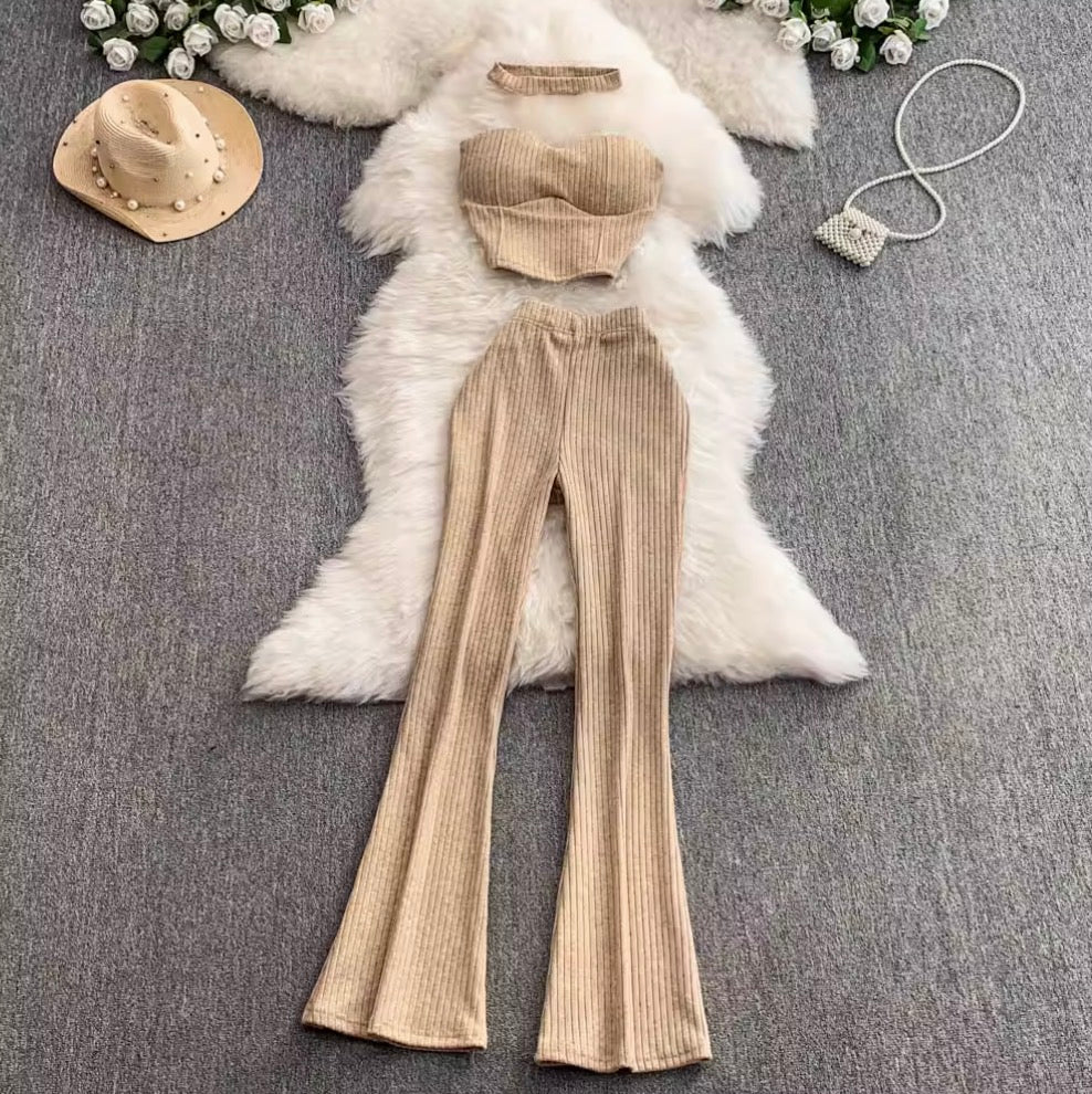 Sleeveless Knitted Vest & Flared Trousers 2Pcs
