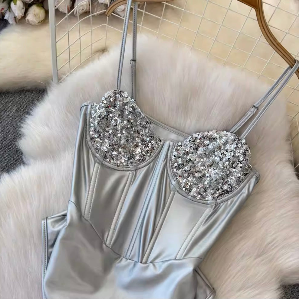 Sexy Silver Sequined Slip Jumpsuit