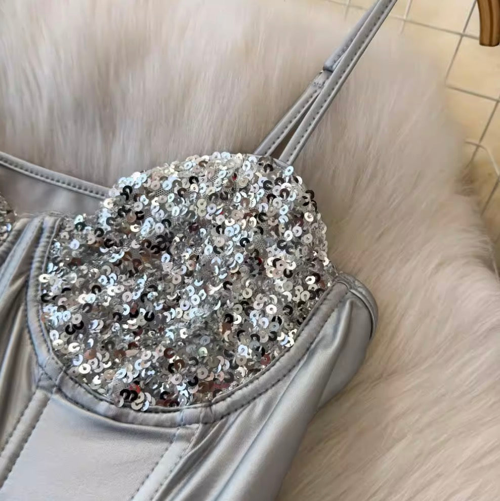 Sexy Silver Sequined Slip Jumpsuit