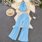 Halter Top & Trousers Solid Color 2Pcs