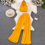 Halter Top & Trousers Solid Color 2Pcs