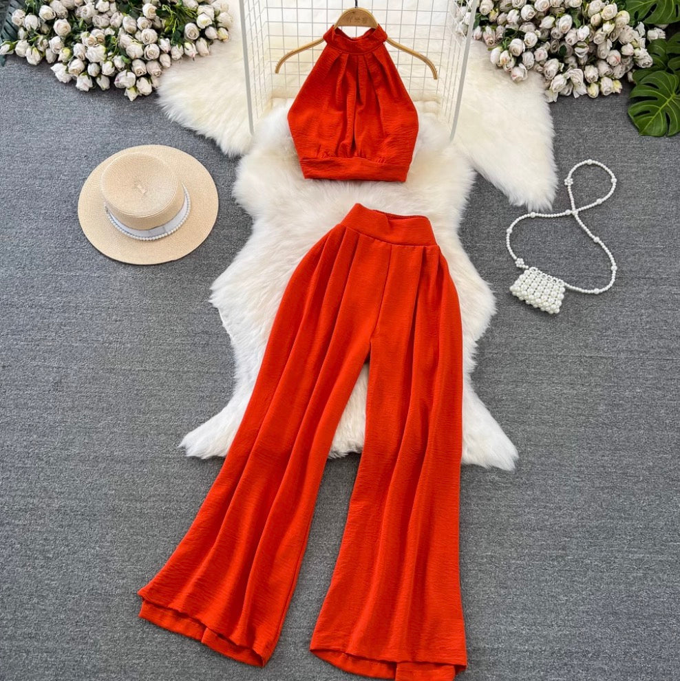 Halter Top & Trousers Solid Color 2Pcs
