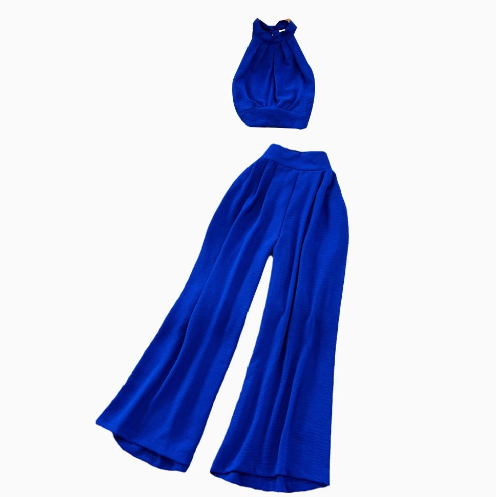 Halter Top & Trousers Solid Color 2Pcs