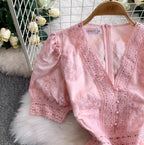 V-neck Embroidered Puffy Sleeve Dress