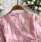 V-neck Embroidered Puffy Sleeve Dress