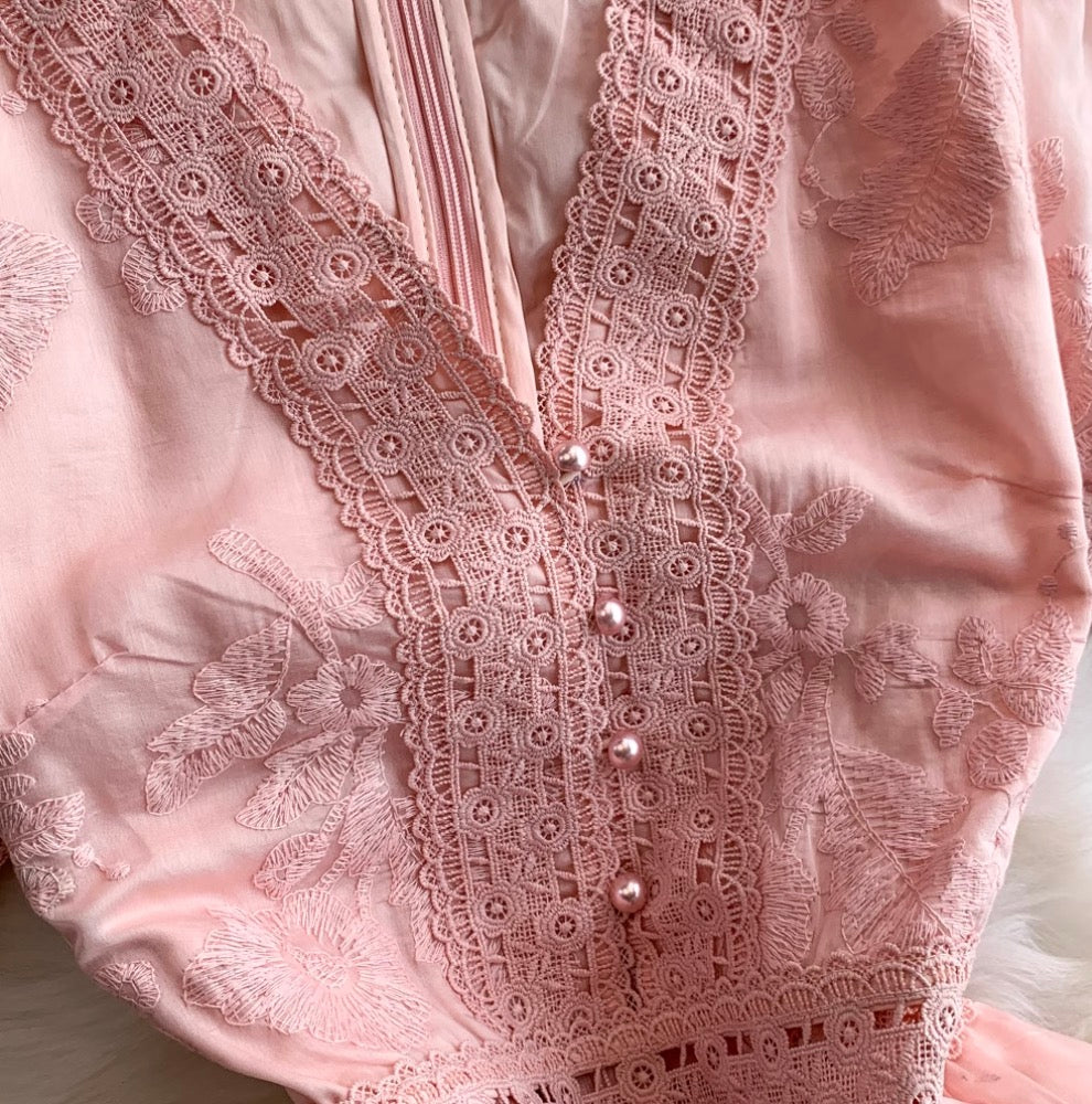 V-neck Embroidered Puffy Sleeve Dress