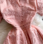 V-neck Embroidered Puffy Sleeve Dress
