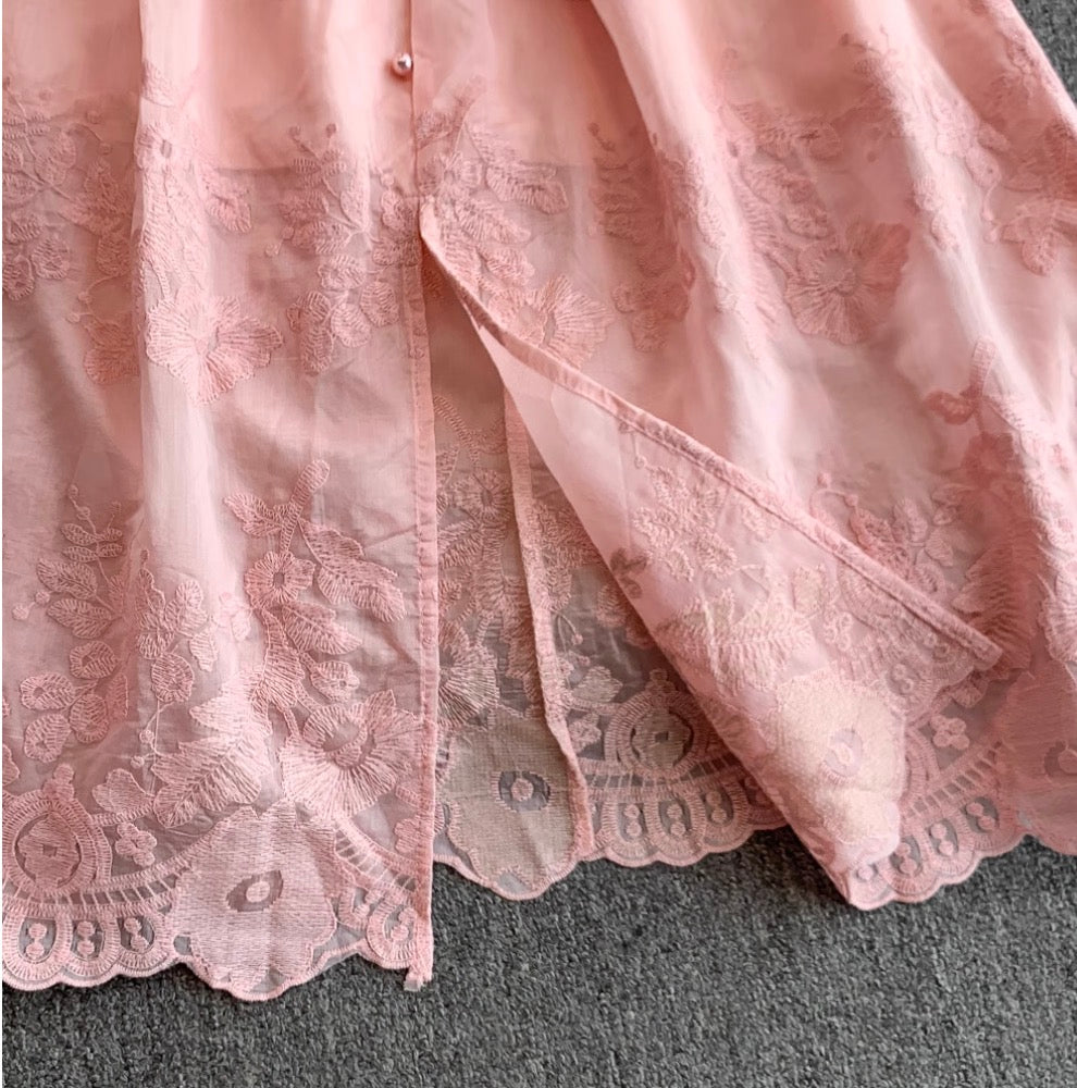 V-neck Embroidered Puffy Sleeve Dress