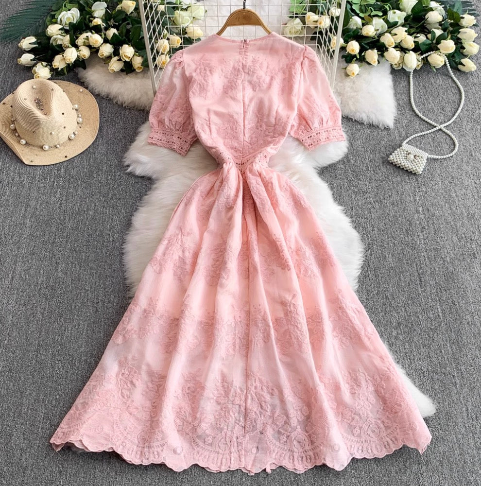 V-neck Embroidered Puffy Sleeve Dress