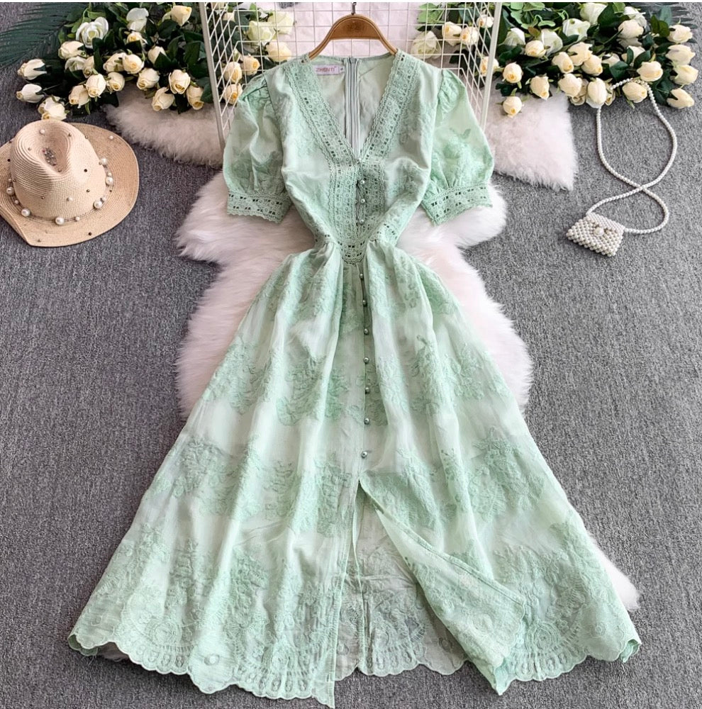 V-neck Embroidered Puffy Sleeve Dress