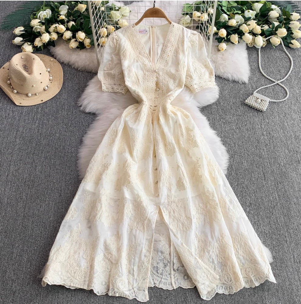 V-neck Embroidered Puffy Sleeve Dress