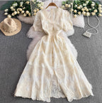 V-neck Embroidered Puffy Sleeve Dress
