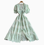 V-neck Embroidered Puffy Sleeve Dress