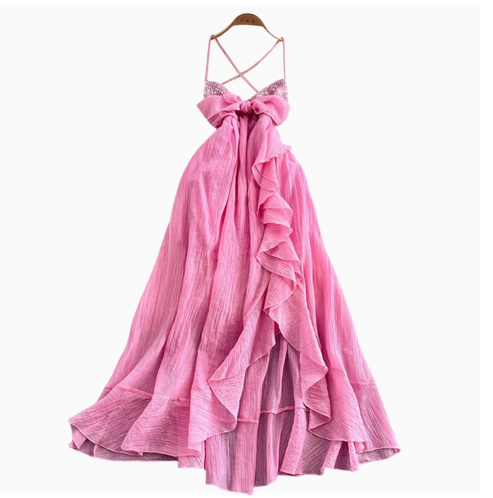 Bow-tie Irregular Ruffled Slip Dress