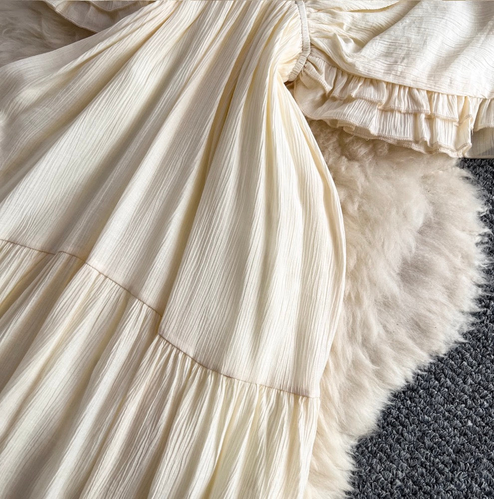 Deep V-neck Ruffled Apricot Dress