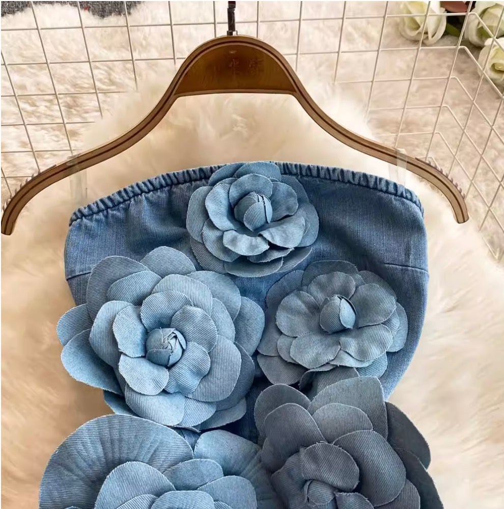 Handcraft 3D Ruffled Flower Blue Dress