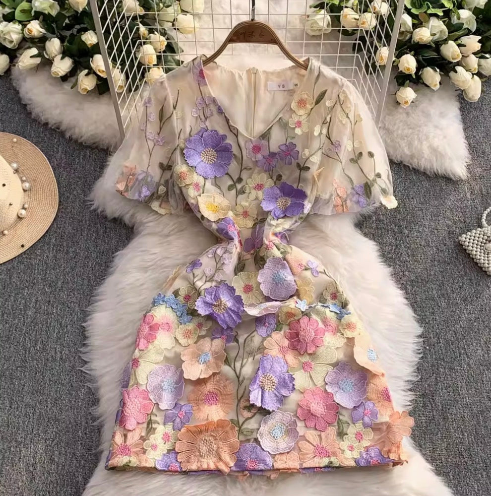 Colorful 3D Flower Short Dress
