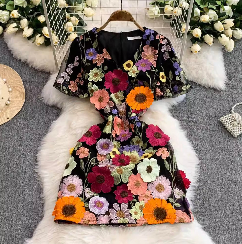 Colorful 3D Flower Short Dress