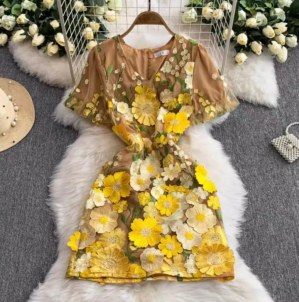 Colorful 3D Flower Short Dress