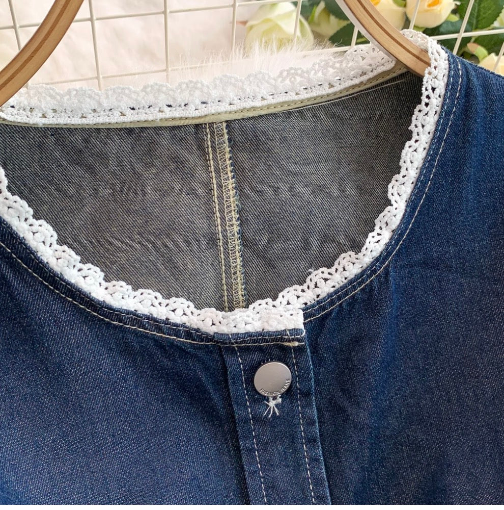 Lace Patchwork Denim Vest & Jeans 2Pcs