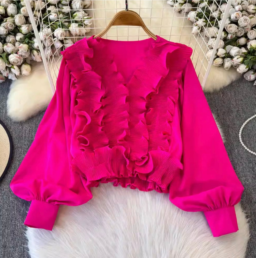 Vintage V-neck Ruffled Short Top