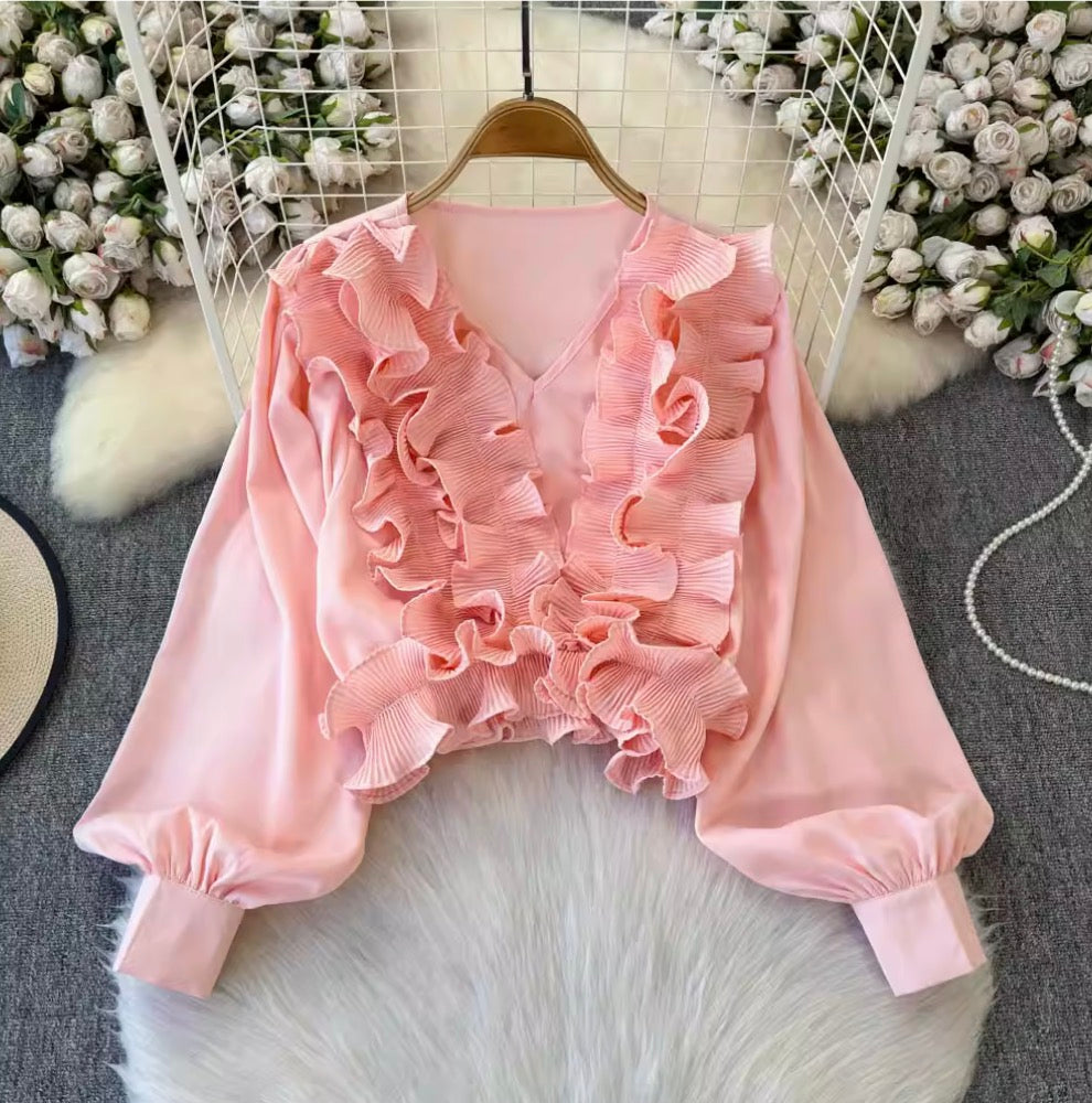 Vintage V-neck Ruffled Short Top