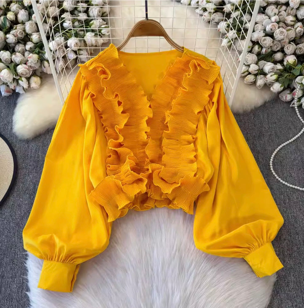 Vintage V-neck Ruffled Short Top
