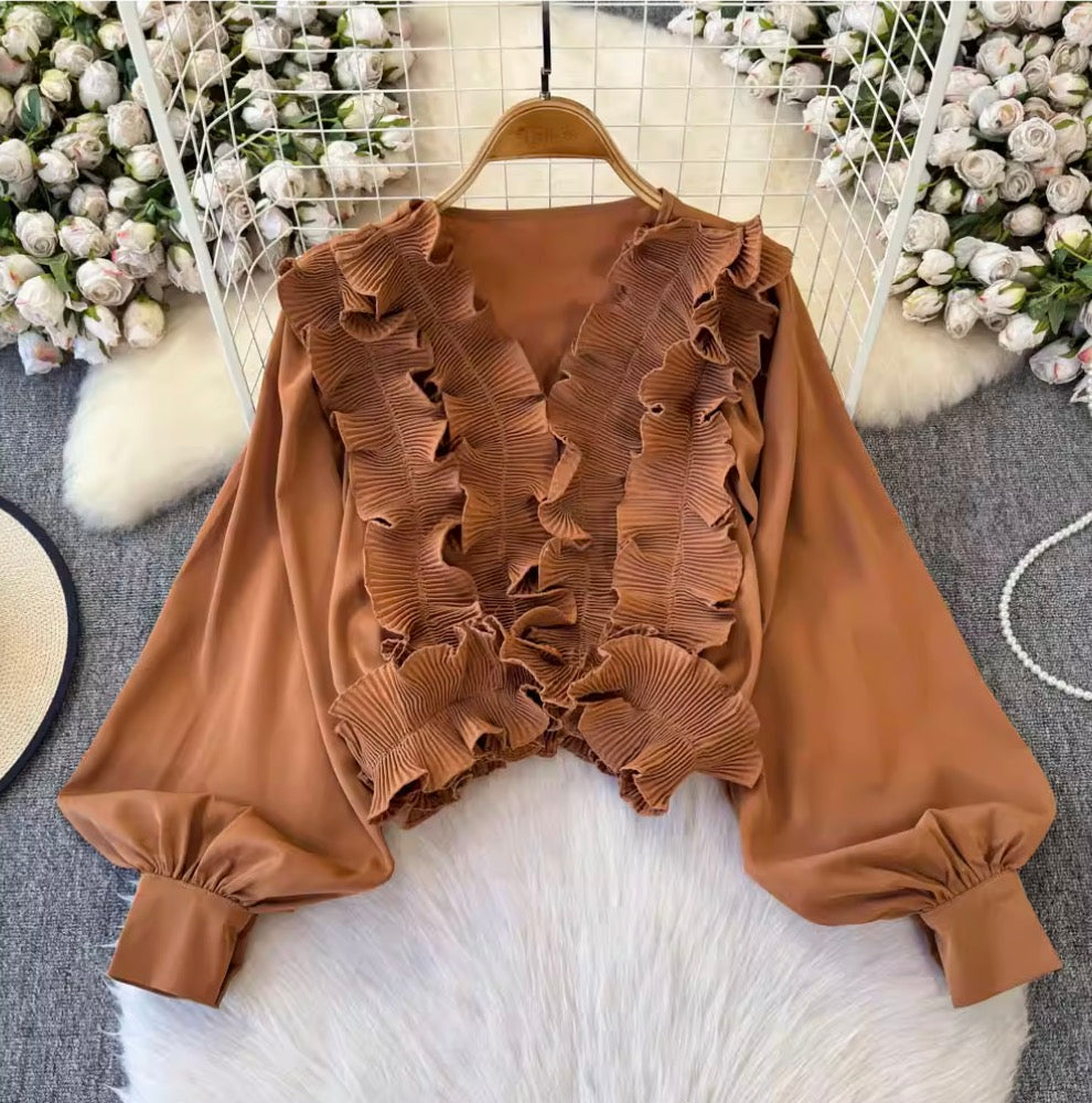 Vintage V-neck Ruffled Short Top