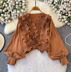 Vintage V-neck Ruffled Short Top