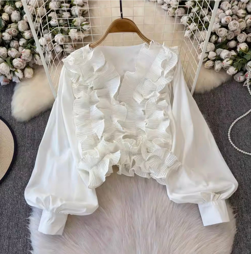 Vintage V-neck Ruffled Short Top