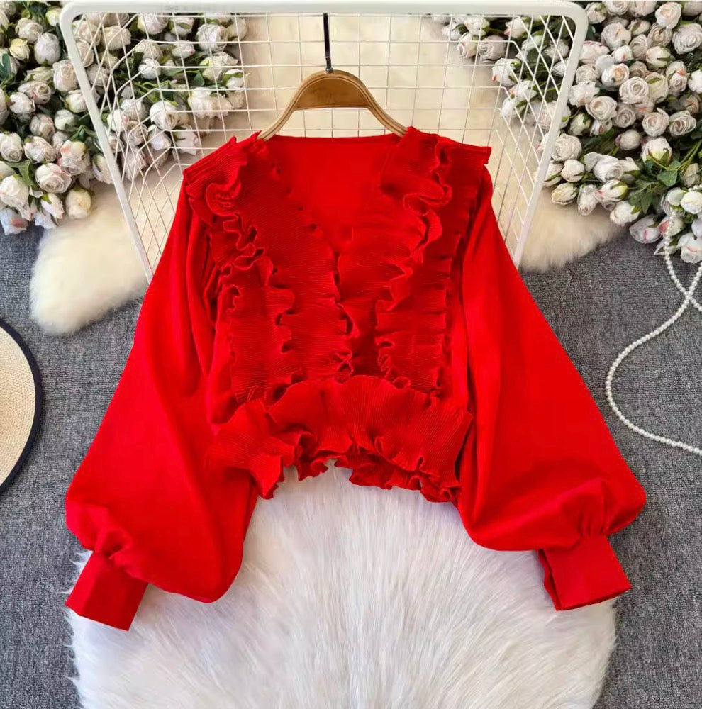 Vintage V-neck Ruffled Short Top