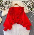 Vintage V-neck Ruffled Short Top