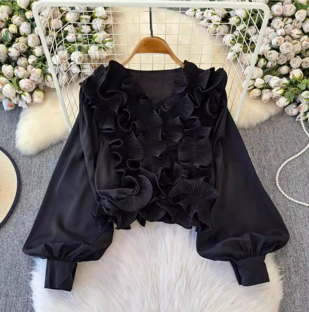 Vintage V-neck Ruffled Short Top