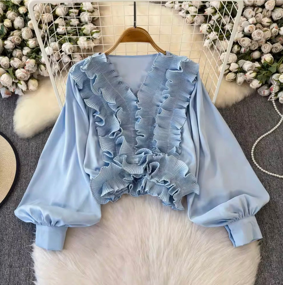 Vintage V-neck Ruffled Short Top