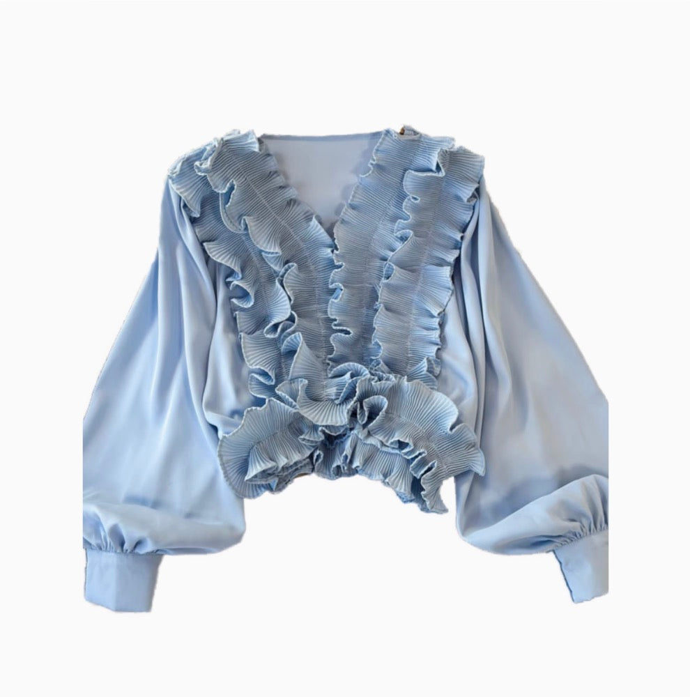 Vintage V-neck Ruffled Short Top