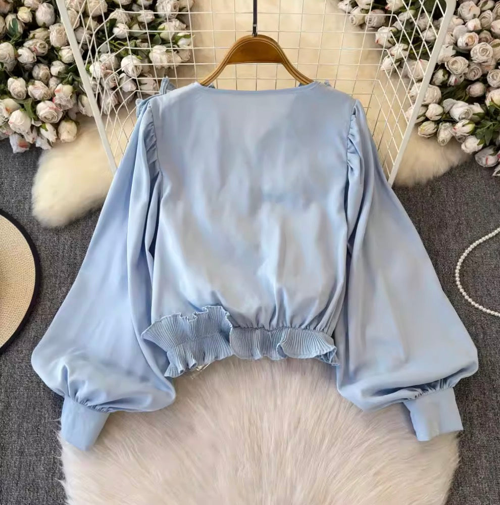 Vintage V-neck Ruffled Short Top