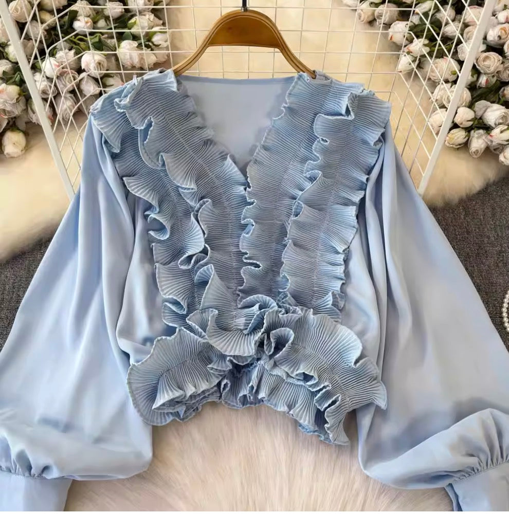 Vintage V-neck Ruffled Short Top