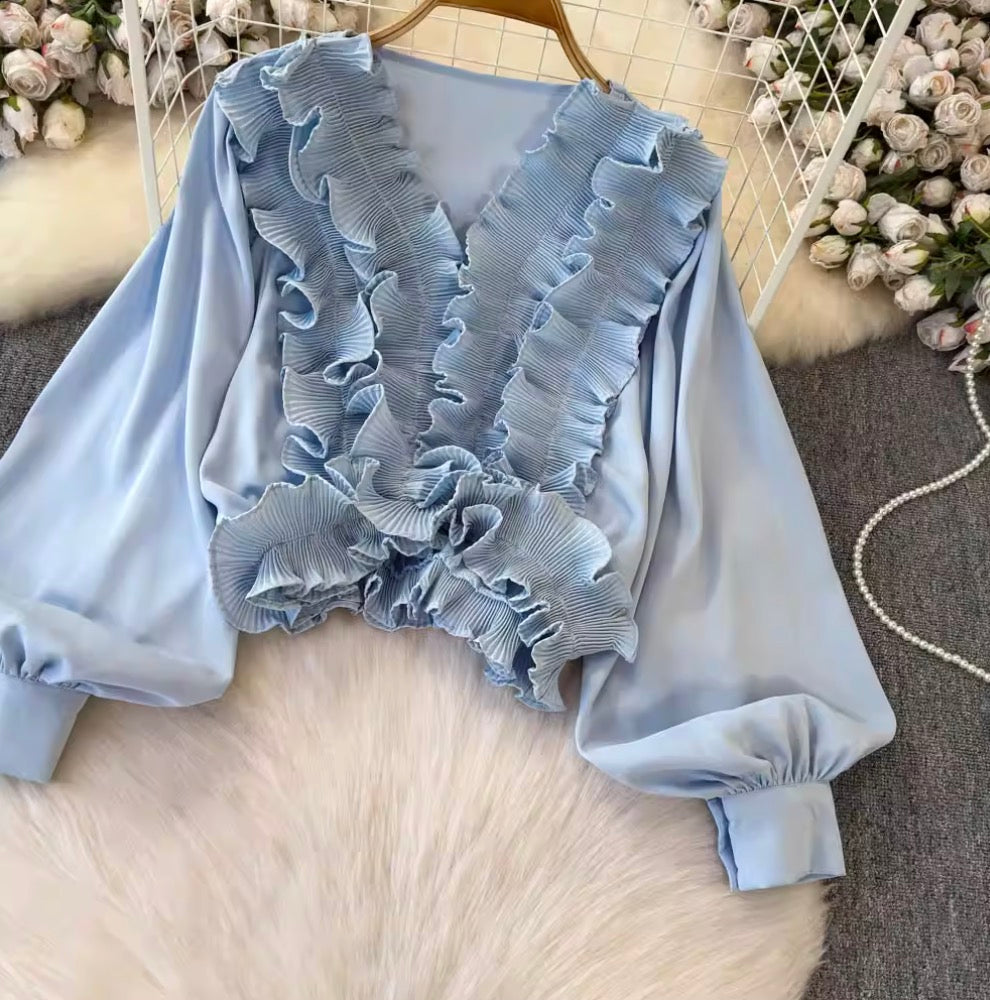 Vintage V-neck Ruffled Short Top