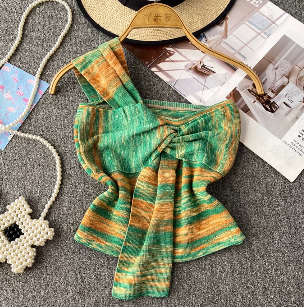 Colorful Striped Knotted One-shoulder Top
