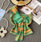Colorful Striped Knotted One-shoulder Top