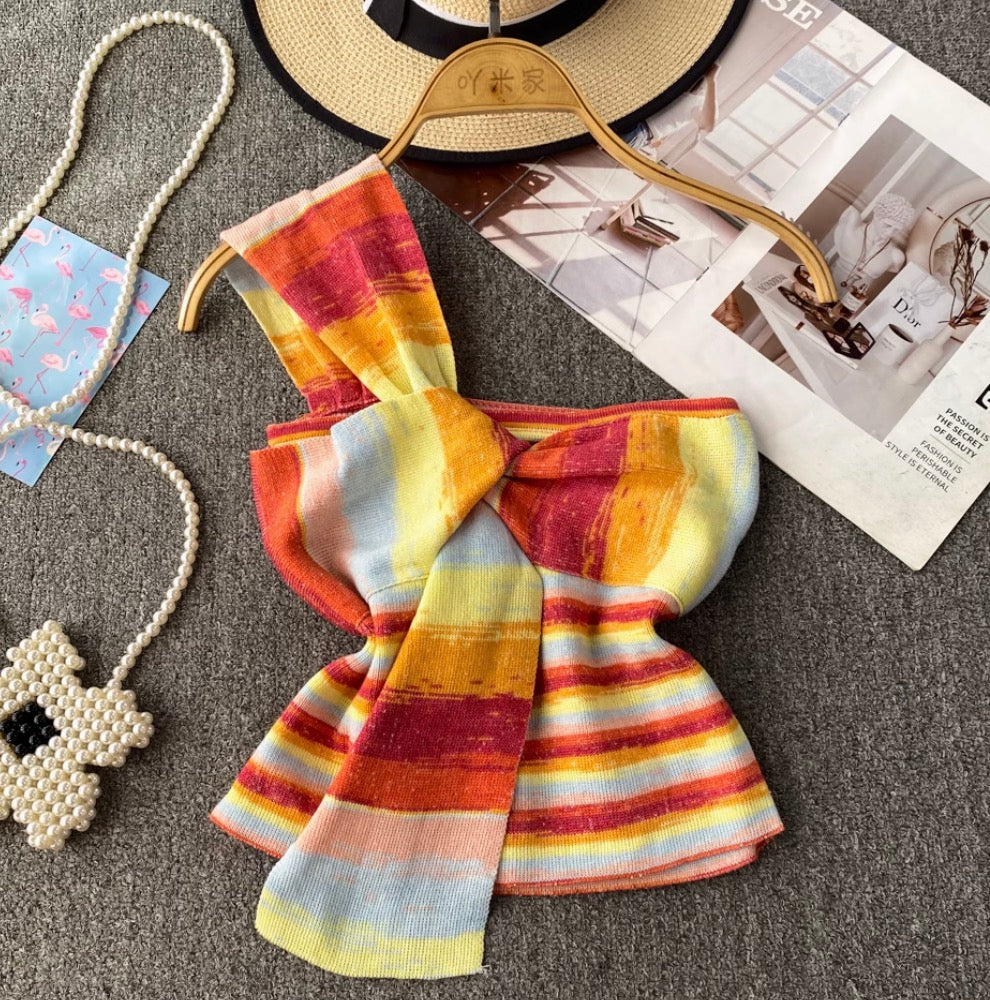 Colorful Striped Knotted One-shoulder Top