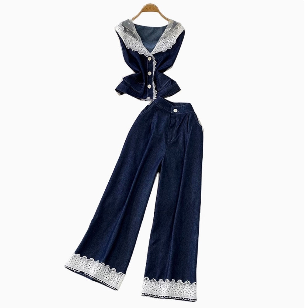 Lace Patchwork Vest & Jeans 2Pcs