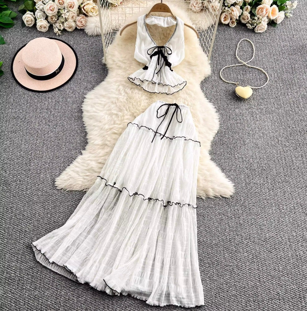 V-neck Halter Top & Mesh Skirt 2Pcs