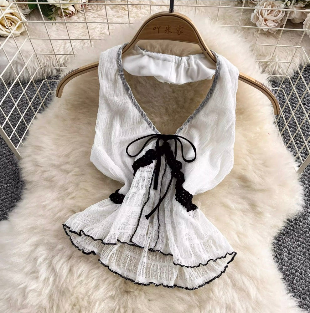 V-neck Halter Top & Mesh Skirt 2Pcs