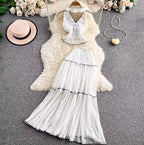 V-neck Halter Top & Mesh Skirt 2Pcs