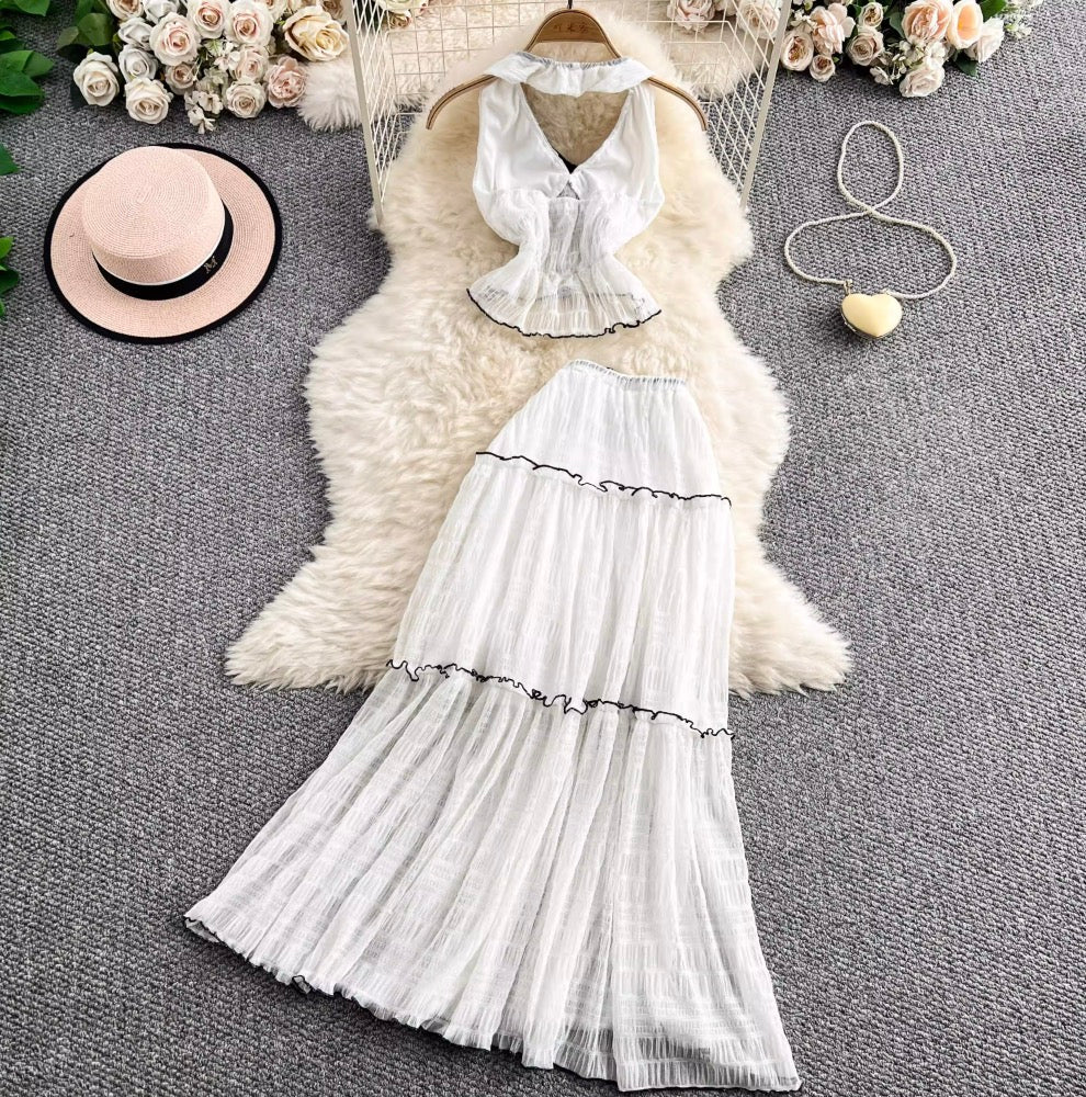 V-neck Halter Top & Mesh Skirt 2Pcs