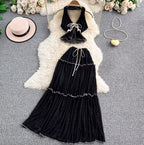 V-neck Halter Top & Mesh Skirt 2Pcs
