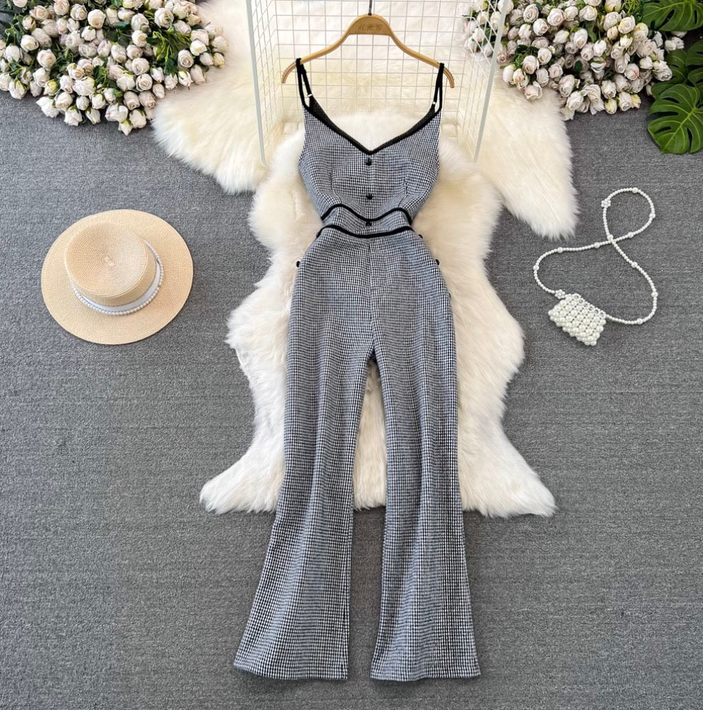 V-neck Houndstooth Tweed Slip Jumpsuits