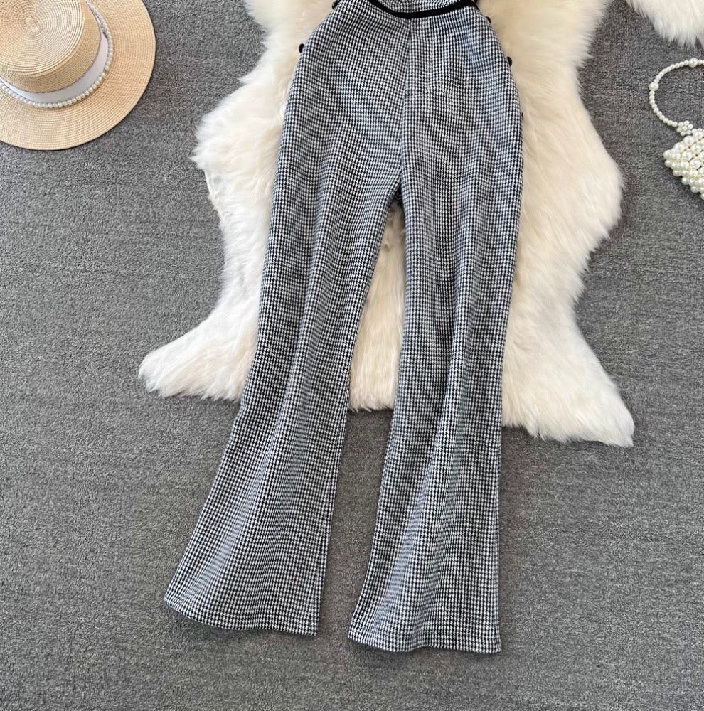 V-neck Houndstooth Tweed Slip Jumpsuits
